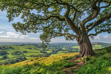 Fototapeta premium A large oak tree with sprawling branches on a gentle hillside, overlooking a wide, undulating countryside filled with vibrant green grasses and a calm, blue sky.