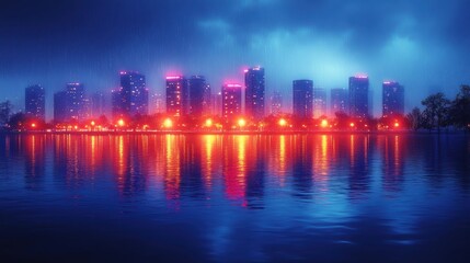 Fototapeta premium Futuristic Neon Cityscape: Vibrant Watercolor Illustration with High Contrast