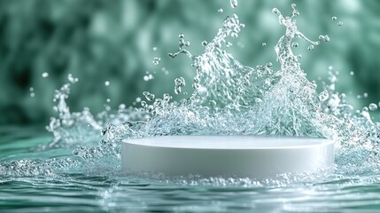 Empty white circle podium on clear green water with splashes and waves. An abstract background for product presentation.