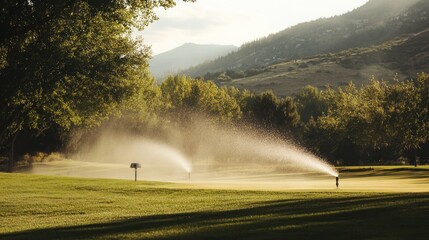 Serene Golf Course Irrigation at Sunset