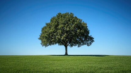 Obraz premium A lone, mature tree at the center of an endless green field, surrounded by soft grass and a clear blue sky above, capturing the essence of natural solitude and simplicity.