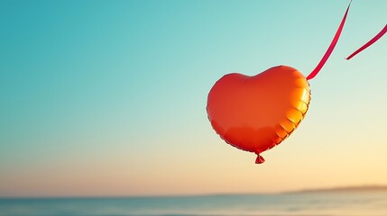 Heart balloon floats, sunset beach. Romantic, love concept
