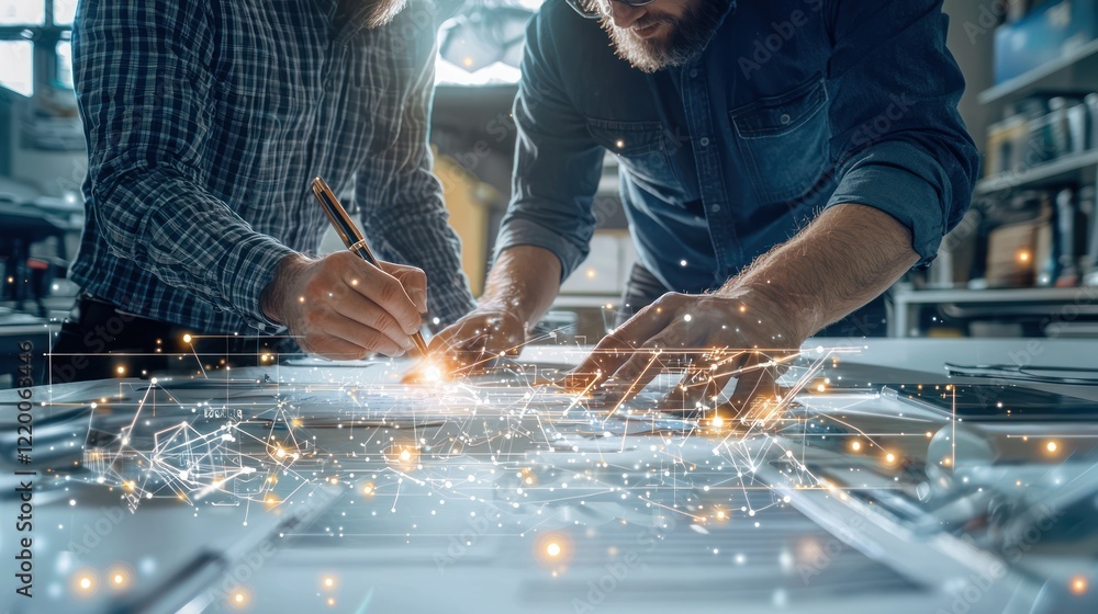 Aufkleber two people collaborate on a design project, sketching ideas on a table with glowing lines and sparks
