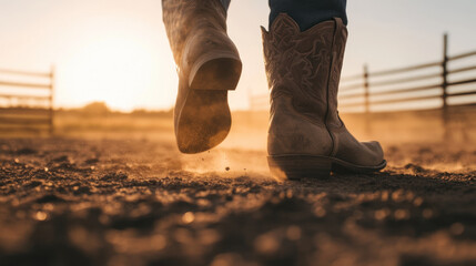 Close up of cowboy boots walking on dusty ground at sunset, capturing essence of rural life and adventure