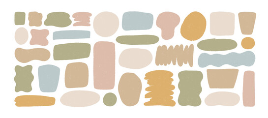 Organic shapes with grain texture in pastel colors. Set of hand drawn irregular round and wavy blot forms. Doodle graphic vector elements for text and contemporary design. Abstract modern forms.