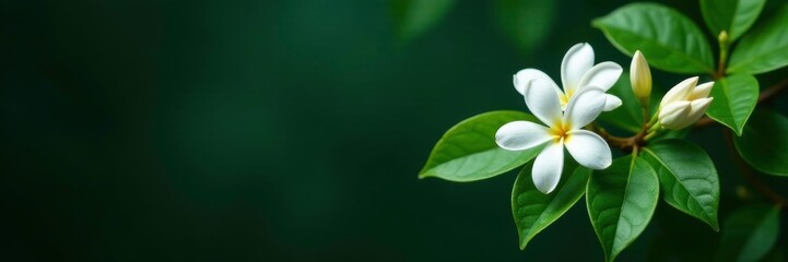 Obraz premium Dark, glossy background with lush green leaves and a few jasmine flowers in the foreground, blossom, isolated