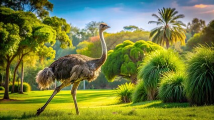 Panoramic View of an Ostrich Walking in a Natural Yard Setting - Wild Life of Ostriches, Scenic Landscape, Nature Photography, Animal Behavior, Outdoor Habitat, Exotic Birds
