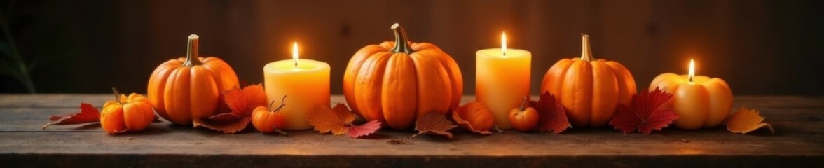Pumpkin centerpiece with lit candles in wooden table setup, ambiance, fall, warm