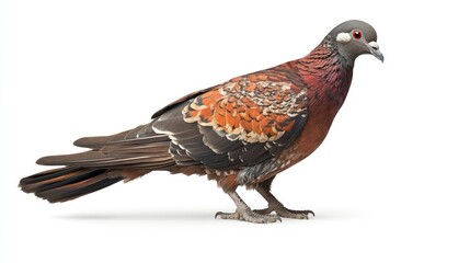 A red and brown pigeon standing on a white background.