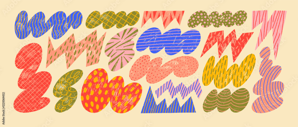 Fototapete Funky abstract geometric organic shapes with doodle patterns drawn by crayon. Hand drawn naive rough cloud and zigzag shapes. Multi colored naive style childish vector elements for graphic design.