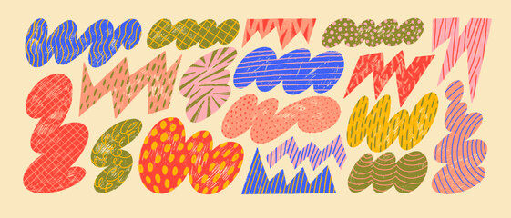 Funky abstract geometric organic shapes with doodle patterns drawn by crayon. Hand drawn naive rough cloud and zigzag shapes. Multi colored naive style childish vector elements for graphic design.