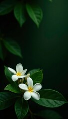 Obraz premium Dark, glossy background with lush green leaves and a few jasmine flowers in the foreground, florals, blossom