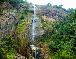 Aerial view of Diyaluma falls Waterfall in jungle of Ella Sri Lanka.