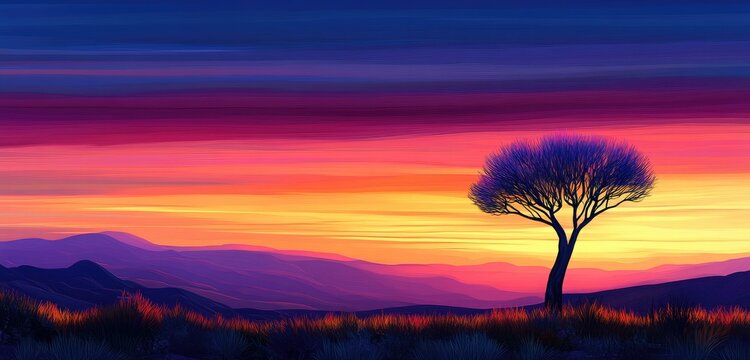 A lone quiver tree standing against a vivid, colorful sunset, its sharp outline contrasting with the soft, fading light of dusk.