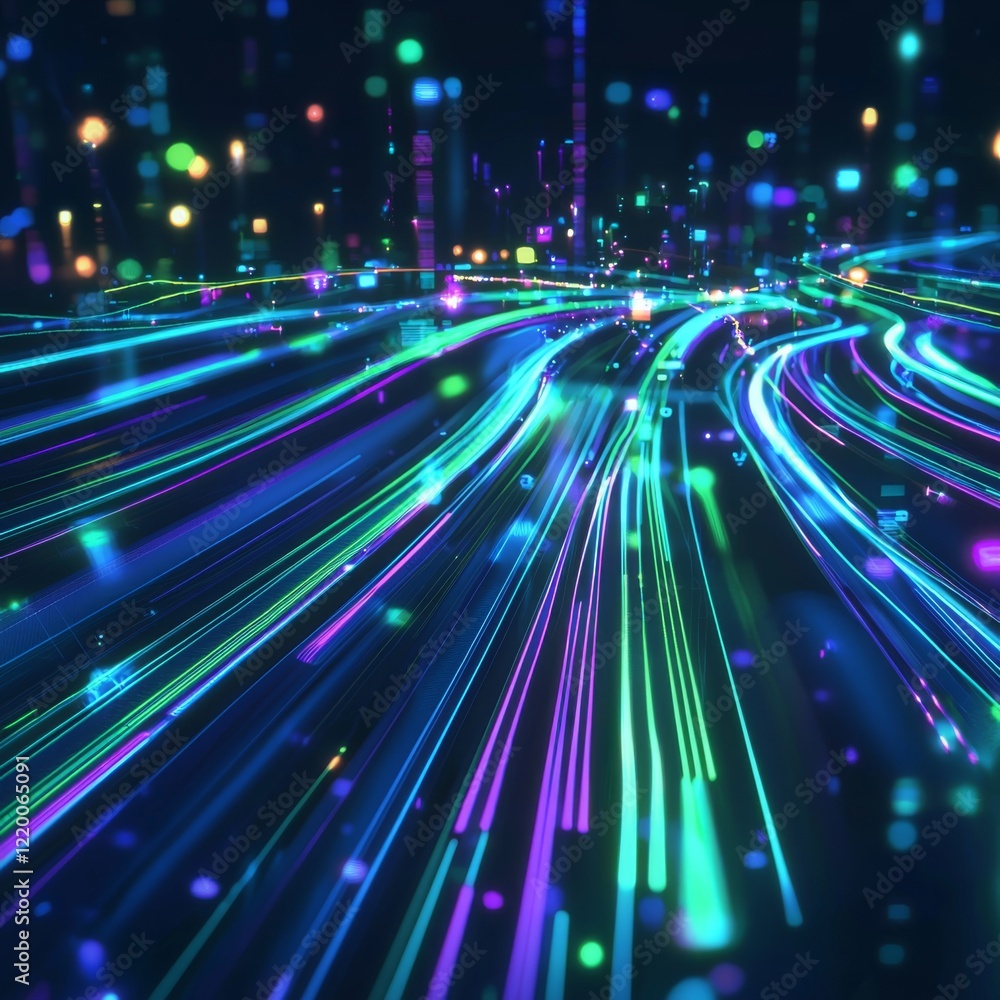 Poster dynamic abstract artwork showcasing glowing lines in neon blue, green, and purple, representing a fo