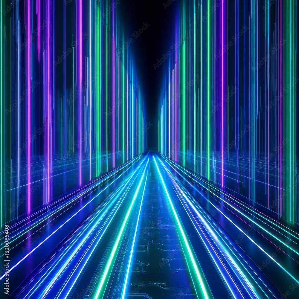 Poster dynamic abstract artwork showcasing glowing lines in neon blue, green, and purple, representing a fo