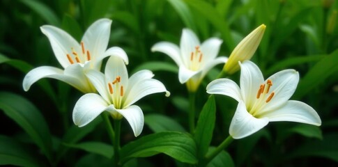 Naklejka premium Pure white lily flowers isolated against dense green foliage, bloom, peaceful
