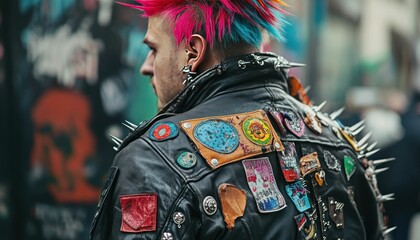 Punk rock style with mohawk and studded jacket in urban scene