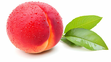 Ripe Nectarine with Dew Drops and Leaves