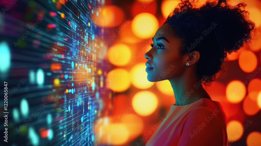 Poster a woman observes data streams and digital information on a luminous screen against a bokeh backdrop