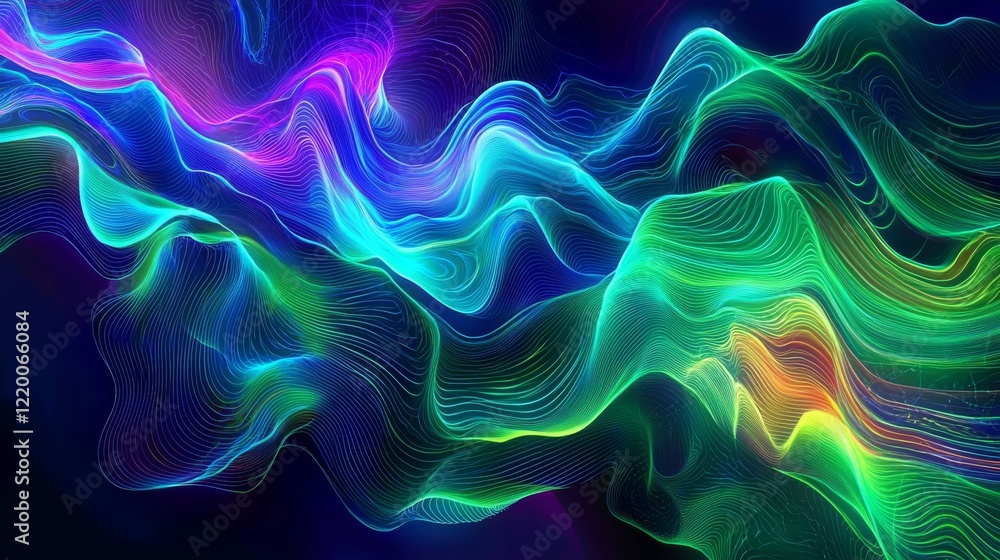 Poster dynamic abstract artwork showcasing glowing lines in neon blue, green, and purple, representing a fo
