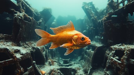 Goldfish swimming shipwreck underwater ocean reef