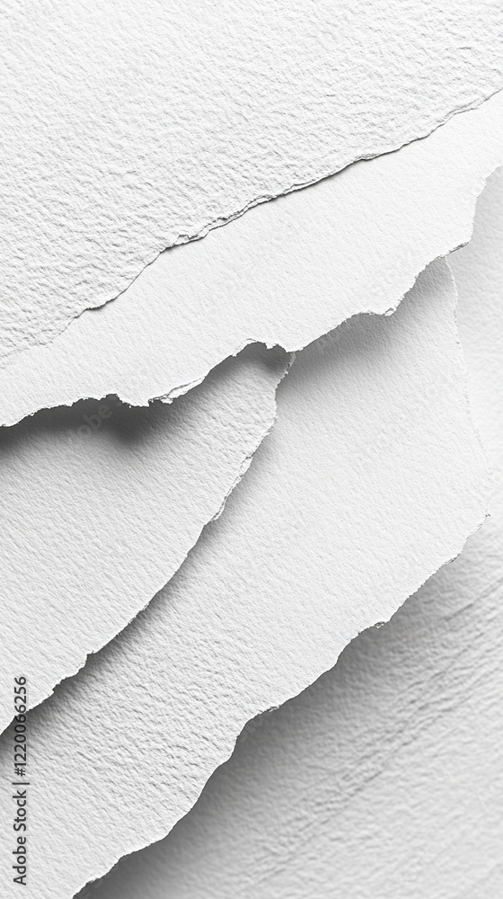 Poster torn white paper layers creating abstract shapes on white background