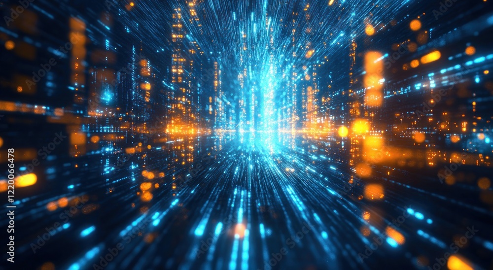 Poster futuristic digital landscape with data streams and cyberpunk aesthetics for cloud storage and ai con