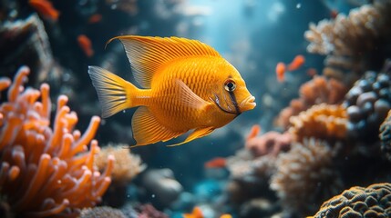 Obraz premium Golden fish swims in coral reef aquarium