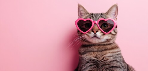 A stylish tabby cat wearing pink heart-shaped sunglasses poses confidently against a soft pink background, radiating charm and fun. Perfect for Valentine’s Day promotions, playful designs