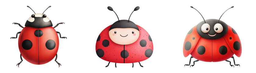Obraz premium Cute cartoon ladybugs with red shells and black spots, showcasing cheerful expressions