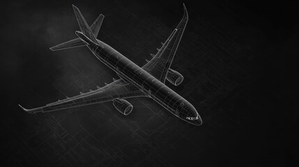 A wireframe illustration of an airplane on a dark background, showcasing design and technology.