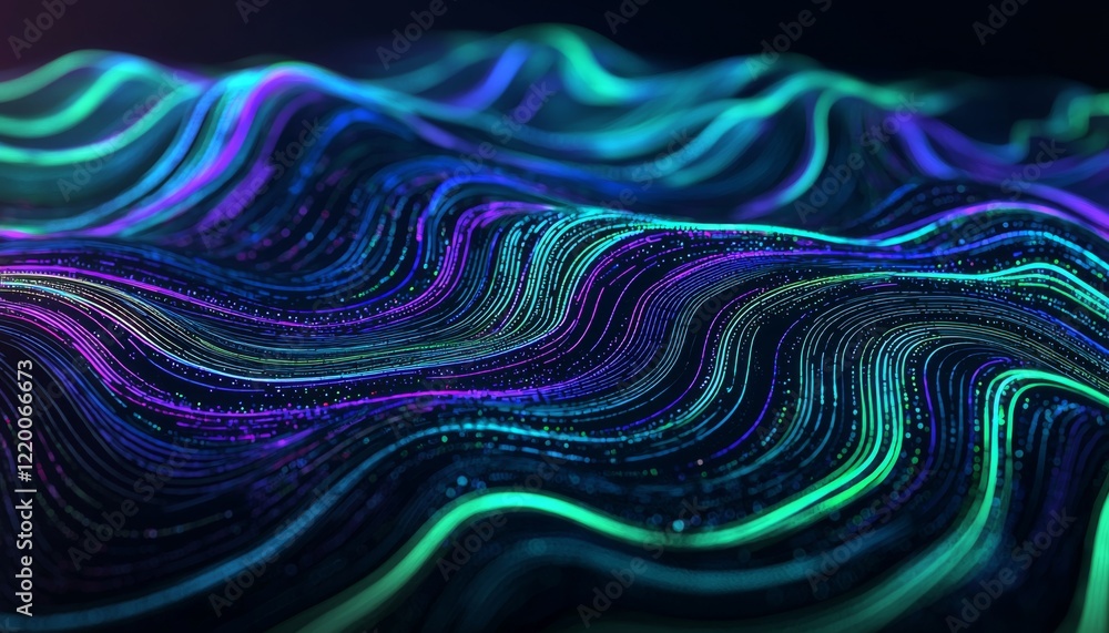 Poster dynamic abstract artwork showcasing glowing lines in neon blue, green, and purple, representing a fo