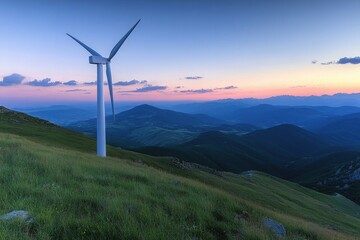 A lone wind turbine on a grassy mountain slope with sweeping views of distant peaks and valleys, illuminated by the soft light of a setting sun.