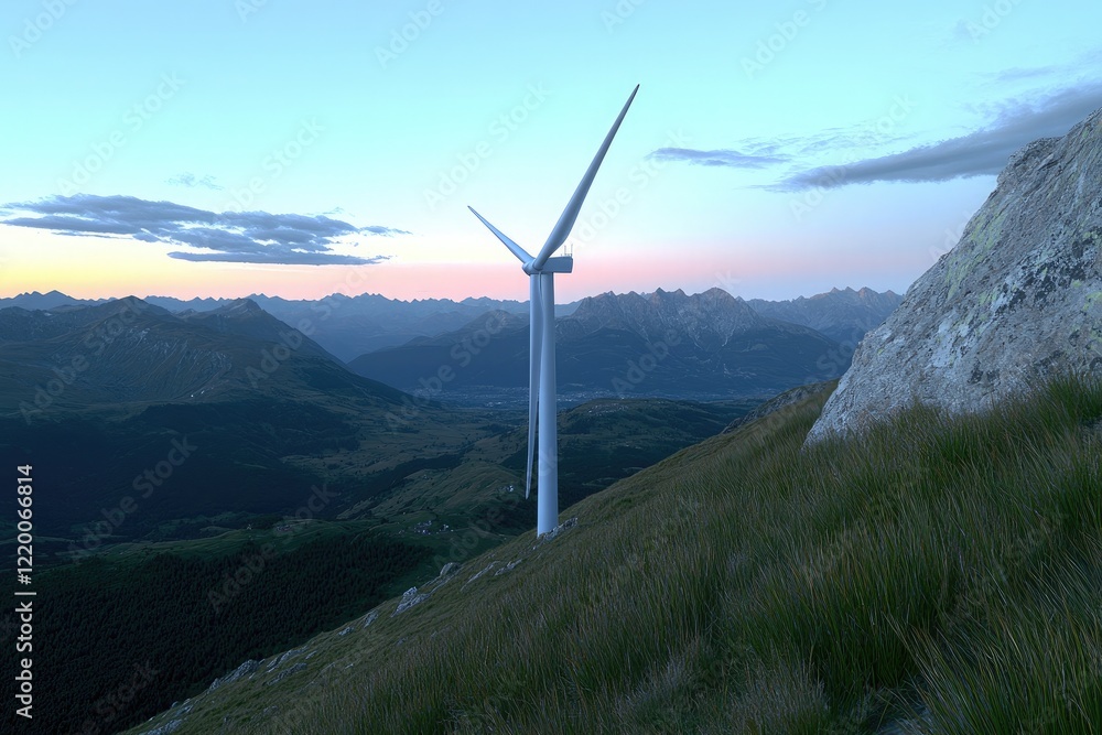 Wall mural a lone wind turbine on a grassy mountain slope with sweeping views of distant peaks and valleys, ill