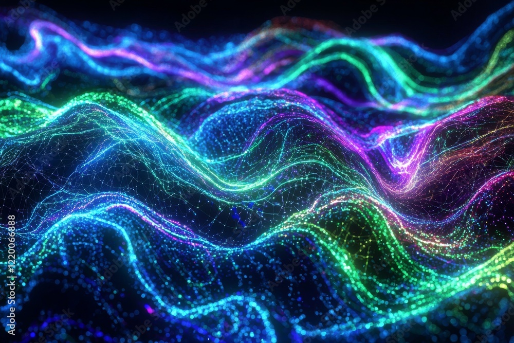 Poster dynamic abstract artwork showcasing glowing lines in neon blue, green, and purple, representing a fo