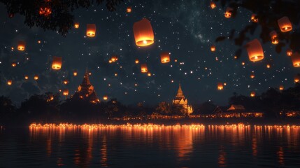 A serene night scene with floating lanterns illuminating a lake and temples under a starry sky.