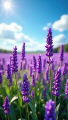 Naklejka premium Purple lavender flowers in a field with a sunny sky, sky, colorful