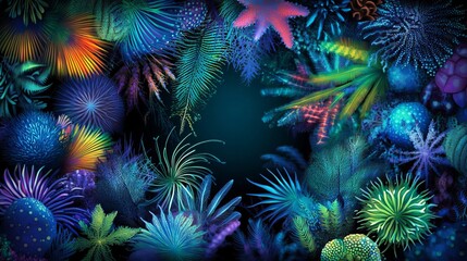 Fototapeta premium Bioluminescent Underwater Flora Frame, Dark Ocean Scene