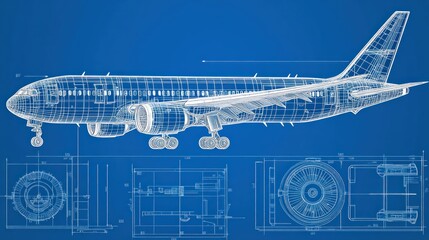 Blueprint illustration of an airplane showcasing design and engineering details.