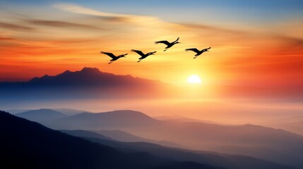 Birds Flying Over Misty Mountain Sunrise