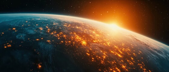 Fototapeta premium A stunning view of Earth from space at sunrise, showcasing city lights and natural beauty.