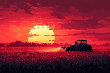 Fototapeta premium Tractor plowing field at sunset