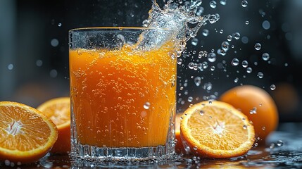 Fresh orange juice splashes into a glass, creating bubbles and motion. The dark background emphasizes the vibrant orange liquid, making it a visually appealing image.
