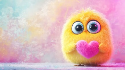 Cute fluffy yellow chick holding a pink heart against a pastel background.