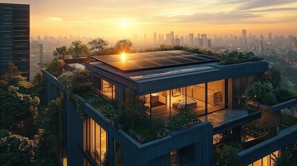 Fototapeta premium Futuristic Rooftop Garden with Solar Panels in Sunset Cityscape