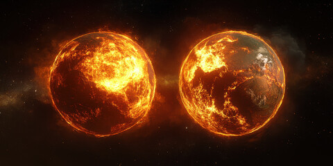 Fiery planets in cosmic scene, showcasing molten surfaces and vibrant colors, representing dramatic view of celestial bodies