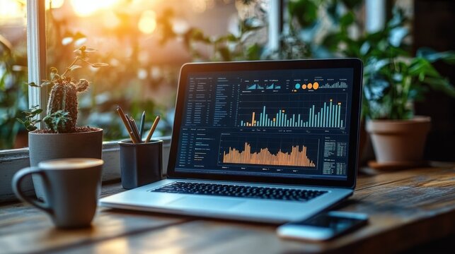 Professional Upgrading Skills with Data Visualization on Laptop in Cozy Coffee Shop