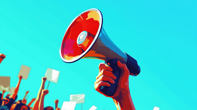 A hand proudly holds a megaphone, symbolizing the power of collective voice in a passionate protest, advocating for change and social justice under a clear blue sky
