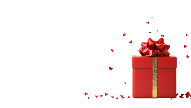 Bright Red Gift Box with Shiny Ribbon Surrounded by Floating Heart Confetti Ideal for Celebrating Love, Joy, and Special Occasions in a Romantic Atmosphere